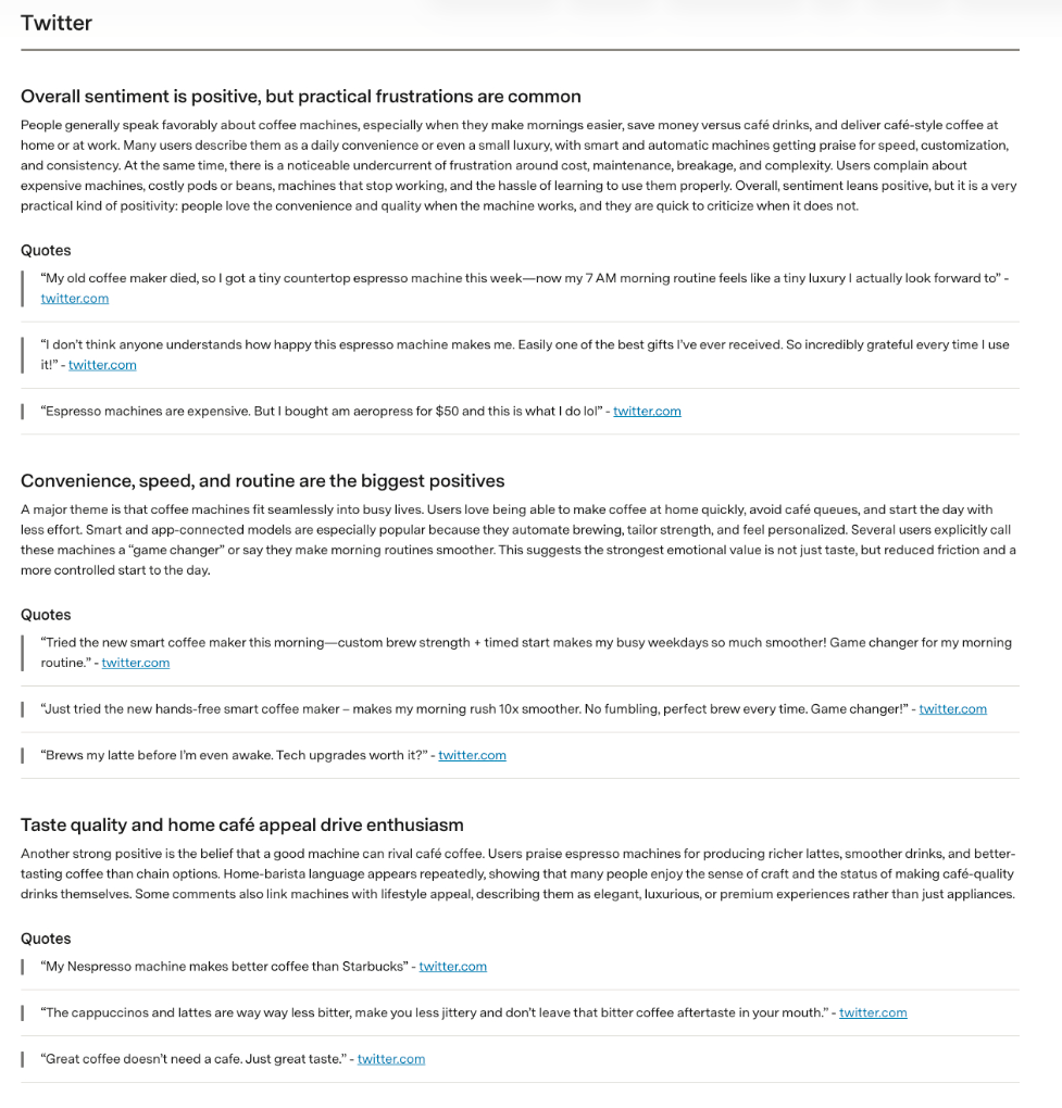 Twitter consumer sentiment analysis reveals customer opinions, trends, and consumer insights for coffee machines